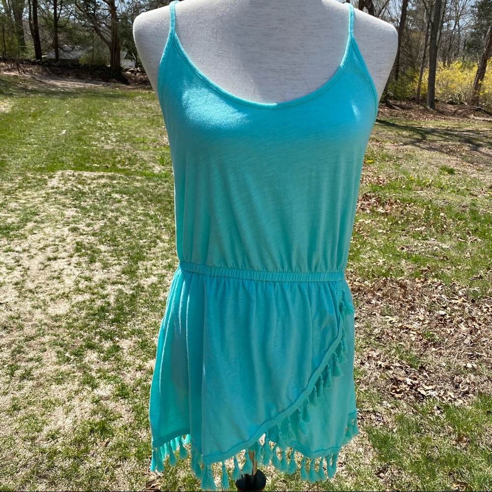 VICTORIA’S SECRET SWIM COVERUP AQUA GREEN MINI SIZE S Spaghetti straps Fringe